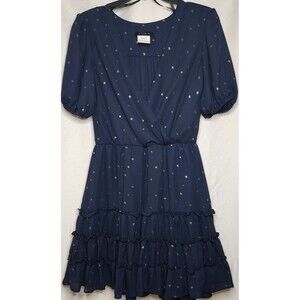 NWOT B Darlin Navy Star Shimmer Dress 3/4 Celestial Puff Sleeve Romantic Goth